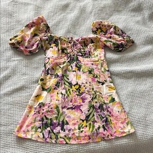 H&M Pink, Purple & Yellow Floral Off-Shoulder Mini Dress